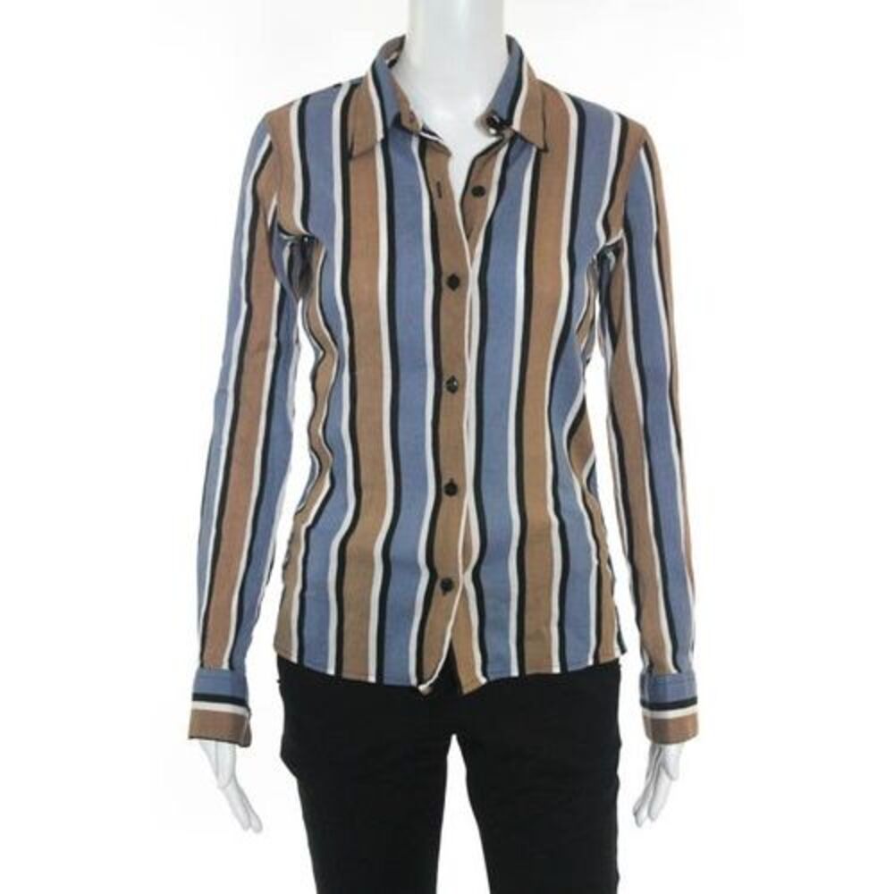 AGAIN Multi Colored Cotton Long Sleeve Button Front Striped Blouse Sz 38